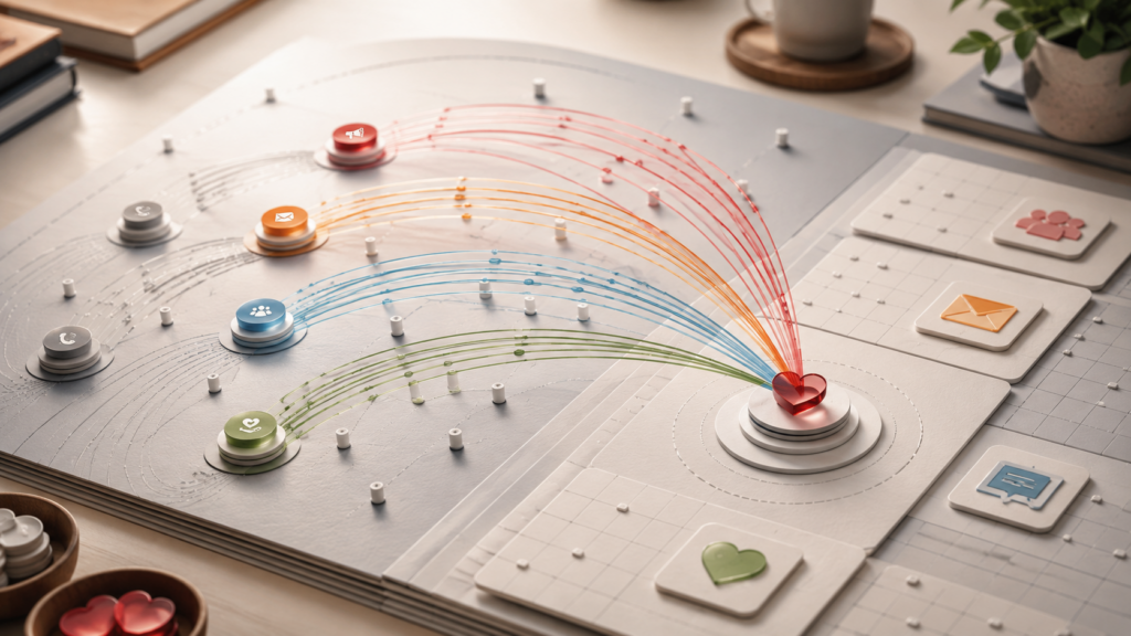 Editorial visual of campaign touchpoints moving through attribution time windows toward a donor gift outcome
