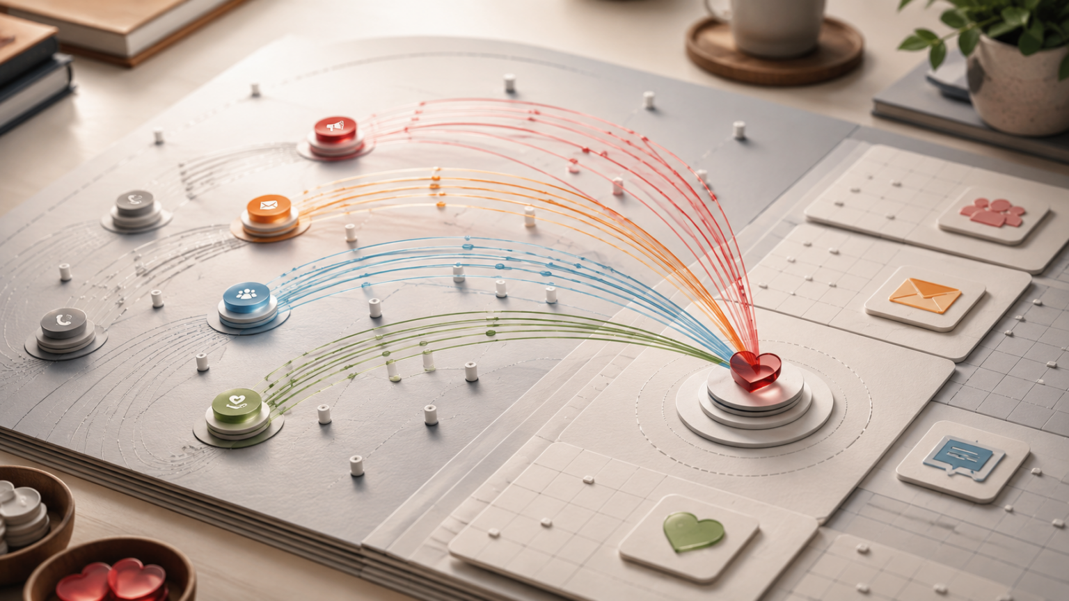 Editorial visual of campaign touchpoints moving through attribution time windows toward a donor gift outcome