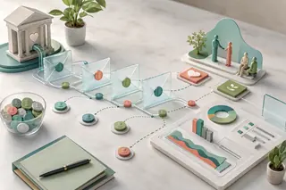 Editorial illustration of donor-advised fund grant paths, donor matching, stewardship, and fundraising analytics reporting.