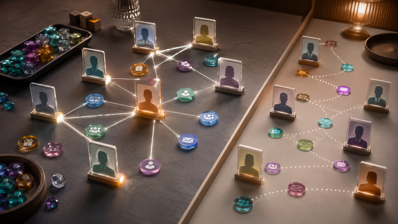 Editorial visual of donor identity signals connected by confidence levels for nonprofit fundraising reporting