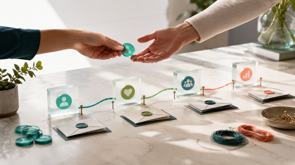 Hands passing a donor token across a connected first-year donor journey map with stewardship and retention milestones.