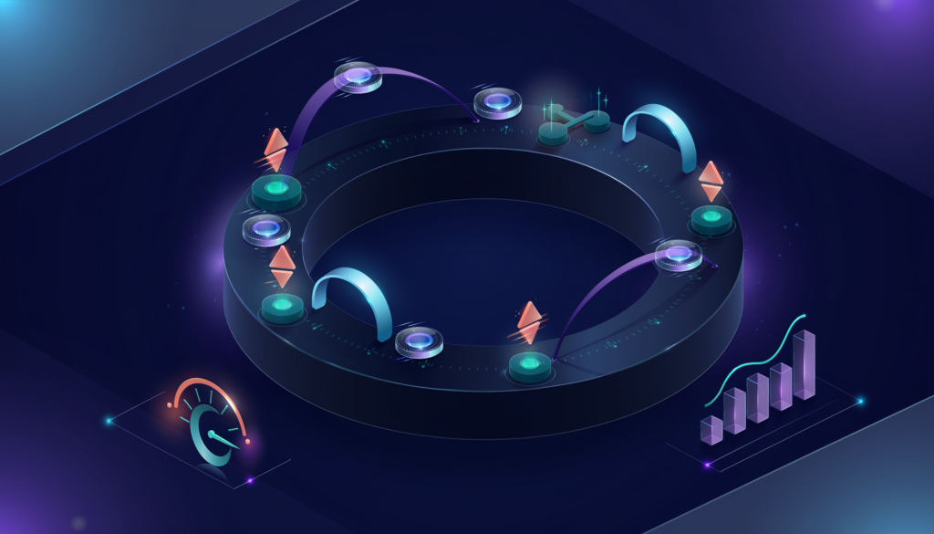 Abstract monthly giving ecosystem showing recurring payments, donor retention, stewardship, failed payments, and recovery paths.