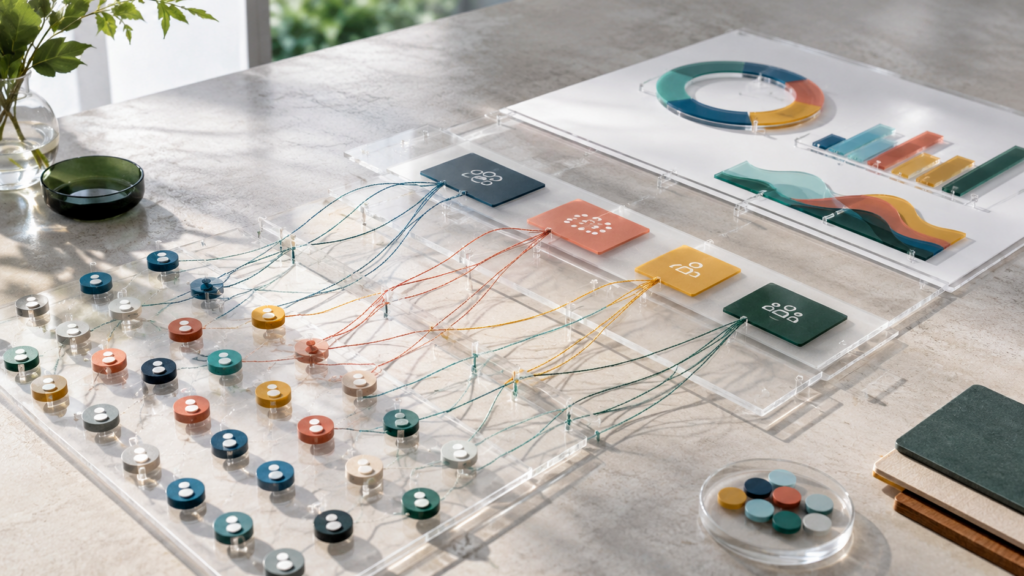 Layered donor tokens and campaign groupings illustrating reporting grain in nonprofit fundraising dashboards