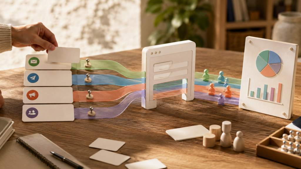 A hands-on tabletop model showing marketing paths flowing through a donation form into a reporting board.