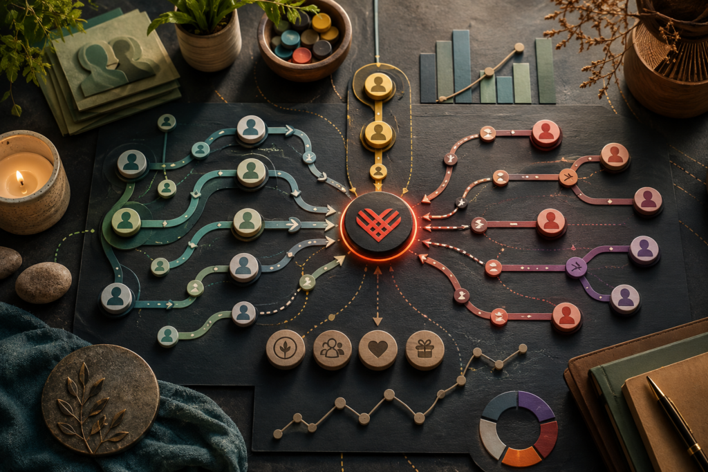 Editorial hero image showing donor journey pathways converging into a GivingTuesday campaign hub and flowing into follow-up routes.
