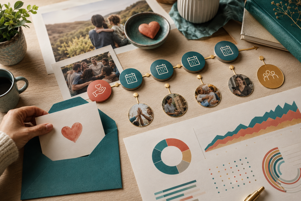 Editorial illustration of one-time gifts turning into a monthly donor pathway with stewardship and analytics cues