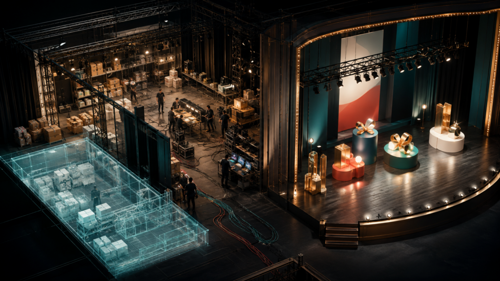An illuminated campaign stage with visible backstage equipment and cost layers, representing the hidden costs behind fundraising ROI