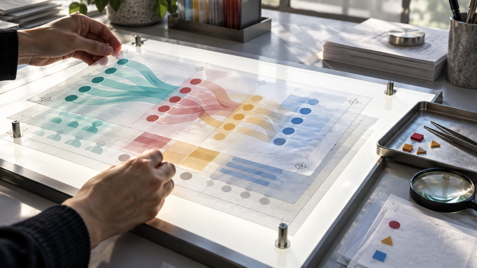 Hands align layered fundraising data paths on an illuminated quality-control table before report release.