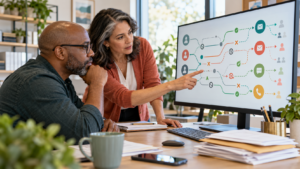 Two nonprofit professionals review a visual map of connected, fragile, blocked, and repair-needed donor contact paths.