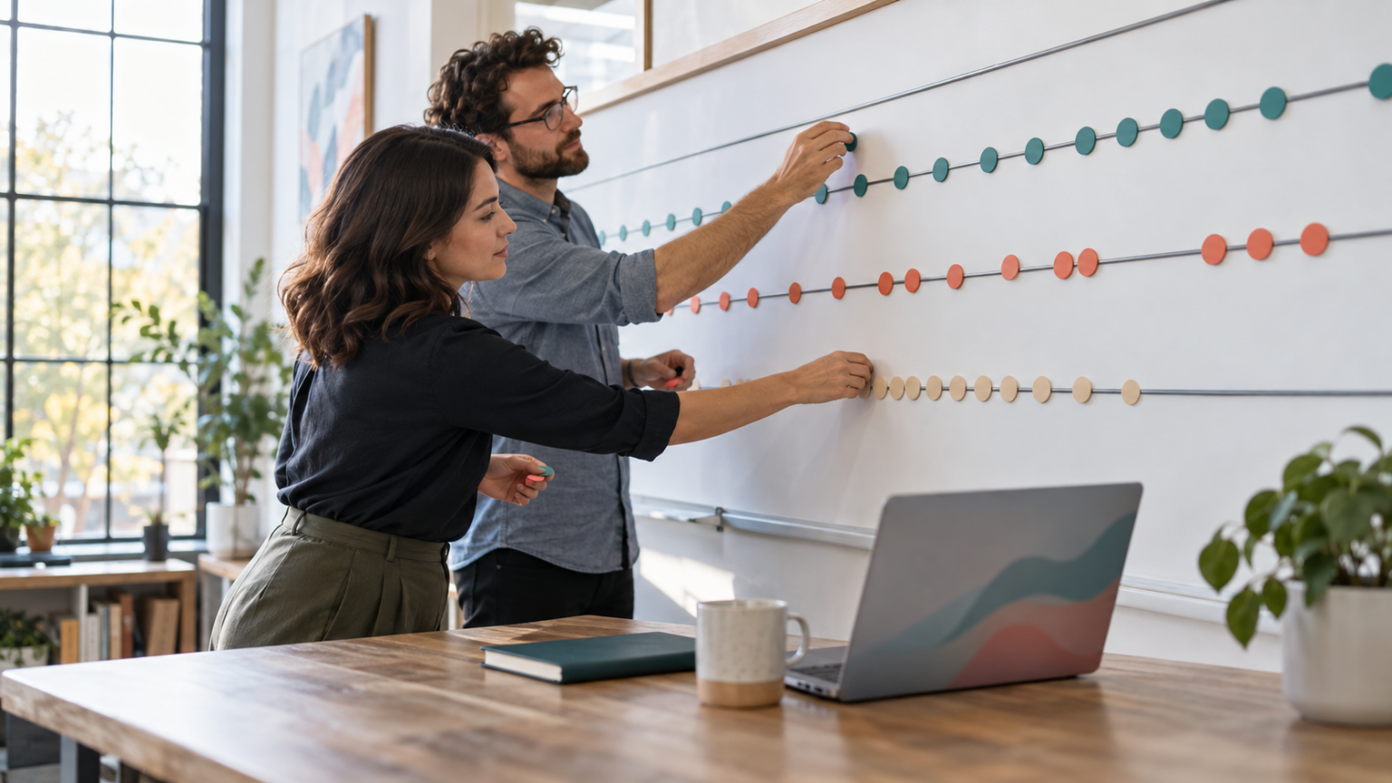 Two nonprofit professionals map one-time, repeat, and recurring gifts along parallel time rails.