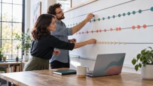 Two nonprofit professionals map one-time, repeat, and recurring gifts along parallel time rails.