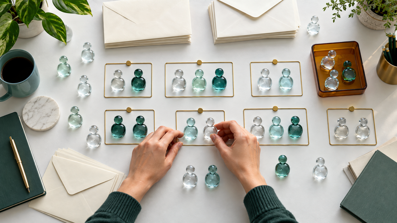 Overhead view of distinct glass person tokens grouped into household frames beside blank fundraising mail