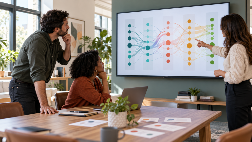 Three nonprofit fundraising professionals reviewing an abstract donor segment migration map
