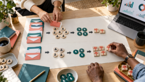 Two nonprofit professionals compare email campaign volume, response, and fundraising results on a tabletop.