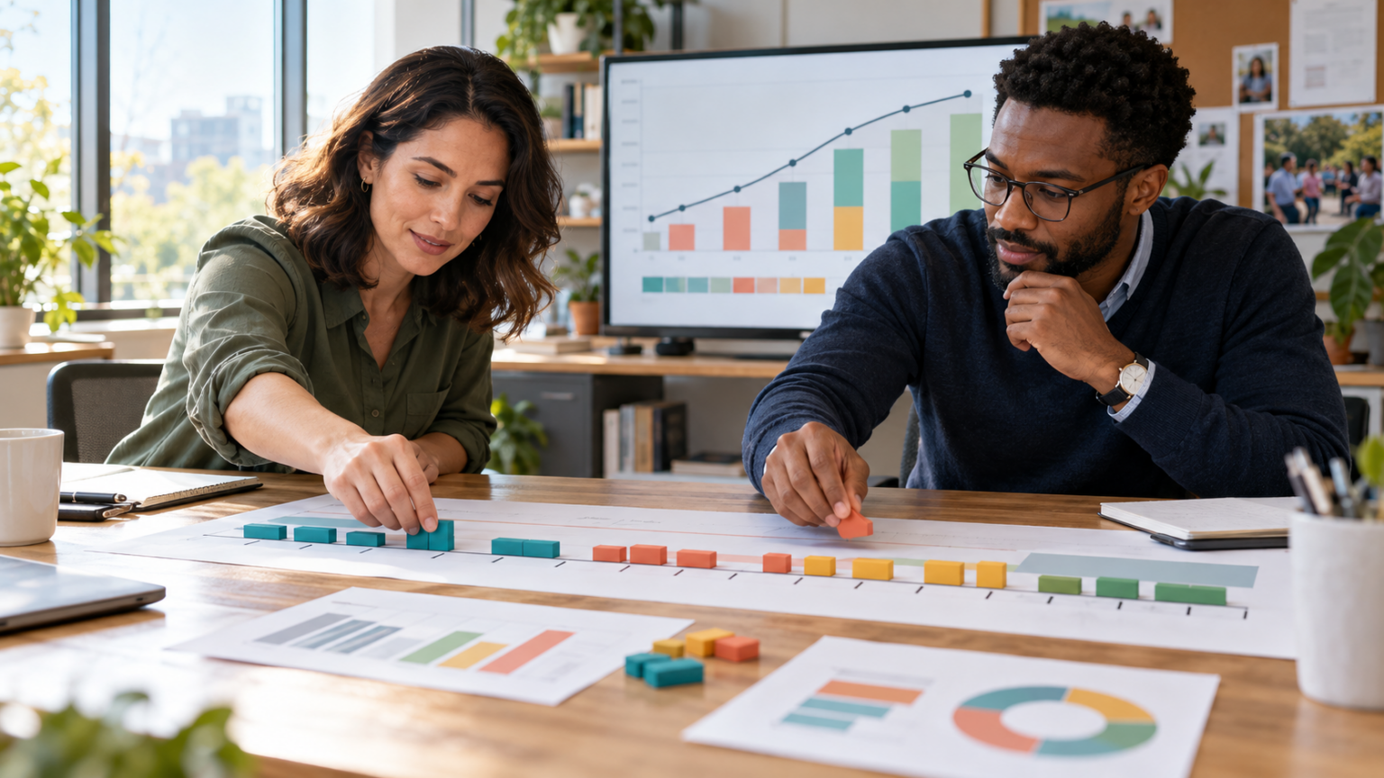 Nonprofit fundraising and finance leaders reviewing campaign spend pacing with color-coded cost markers