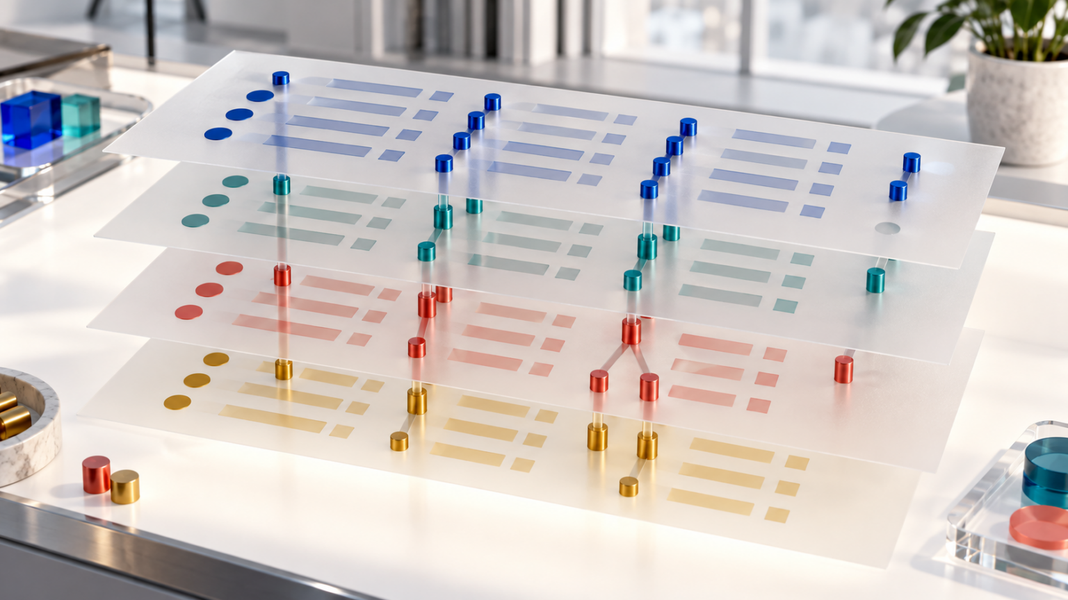 Layered fundraising data records aligned by colored join-key pins, with one unmatched row and one duplicated path.