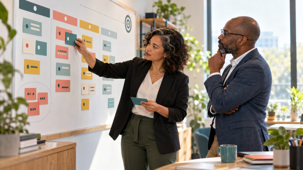 Two nonprofit fundraising professionals review stage-based major gift opportunities on a planning board.